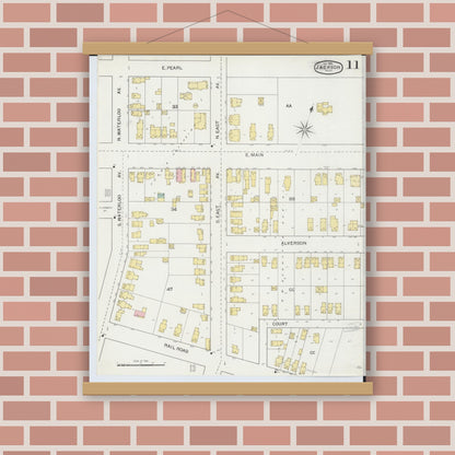 Old map wall art mockup — magnetic wood frame on brick wall — Sanborn Fire Insurance Map from Jackson, Jackson County, Michigan (1893), Sheet #0011