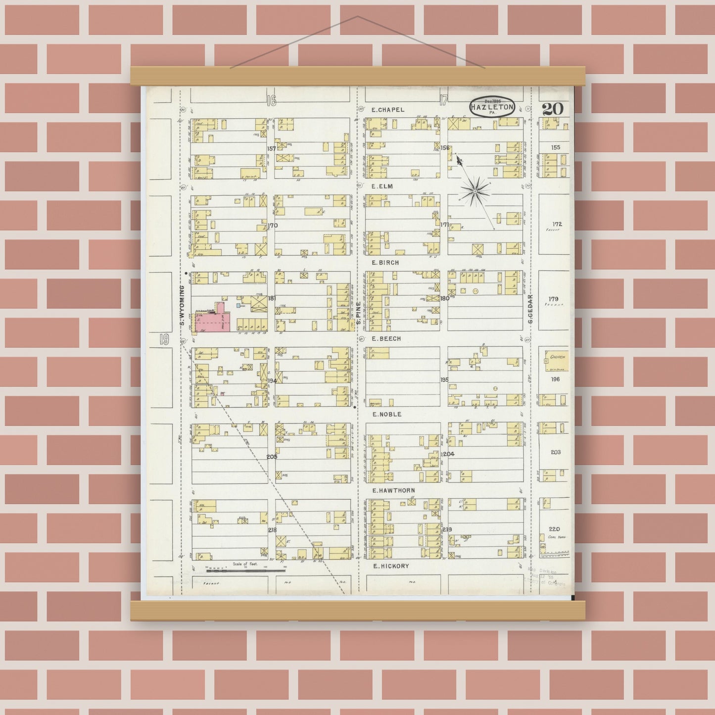 Old map wall art mockup — magnetic wood frame on brick wall — Sanborn Fire Insurance Map from Hazleton, Luzerne County, Pennsylvania (1895), Sheet #0020
