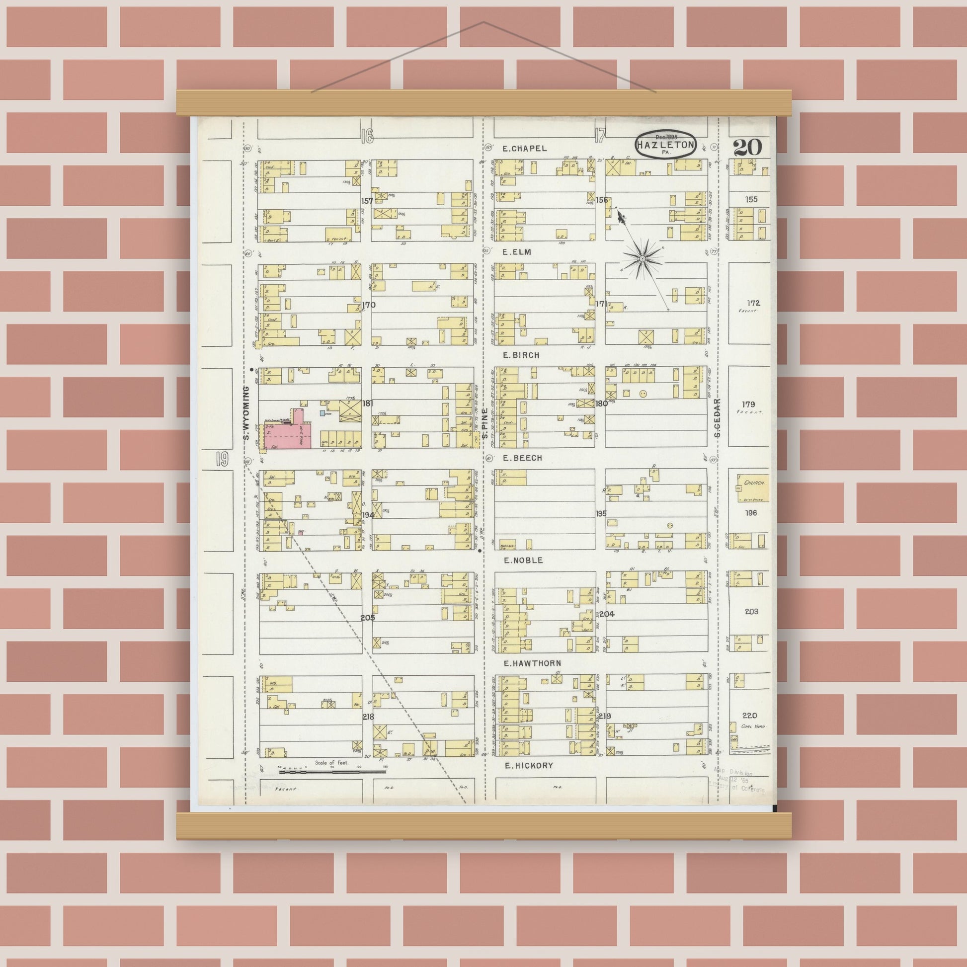 Old map wall art mockup — magnetic wood frame on brick wall — Sanborn Fire Insurance Map from Hazleton, Luzerne County, Pennsylvania (1895), Sheet #0020