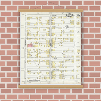 Old map wall art mockup — magnetic wood frame on brick wall — Sanborn Fire Insurance Map from Hazleton, Luzerne County, Pennsylvania (1895), Sheet #0020