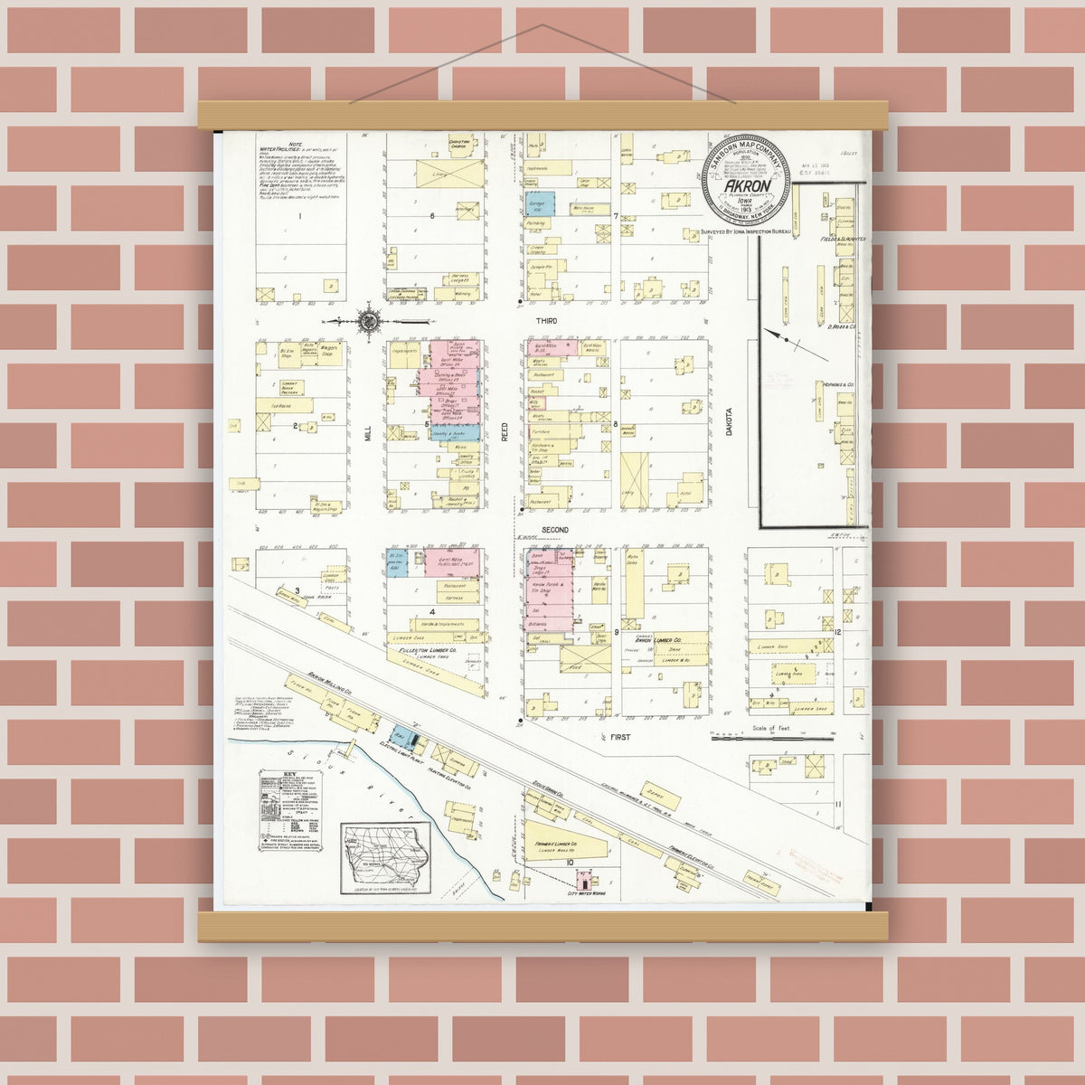 Old map wall art mockup — magnetic wood frame on brick wall — Sanborn Fire Insurance Map from Akron, Plymouth County, Iowa (1913), Sheet #0001