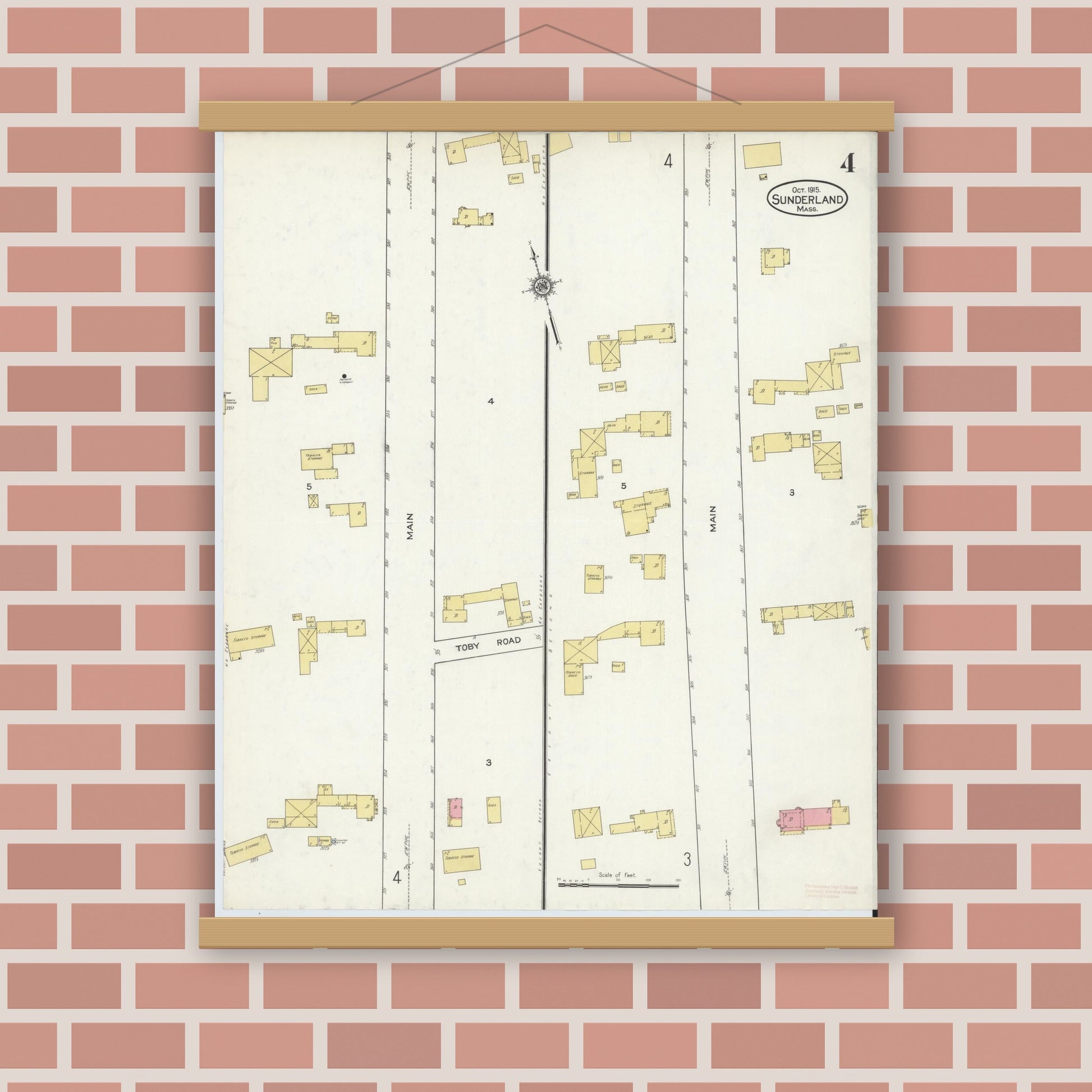 Old map wall art mockup — magnetic wood frame on brick wall — Sanborn Fire Insurance Map from Sunderland, Franklin County, Massachusetts (1915), Sheet #0004