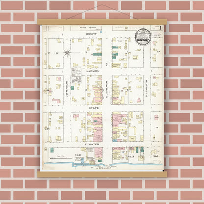 Old map wall art mockup — magnetic wood frame on brick wall — Sanborn Fire Insurance Map from Waverly, Bremer County, Iowa (1885) â€” Complete Set