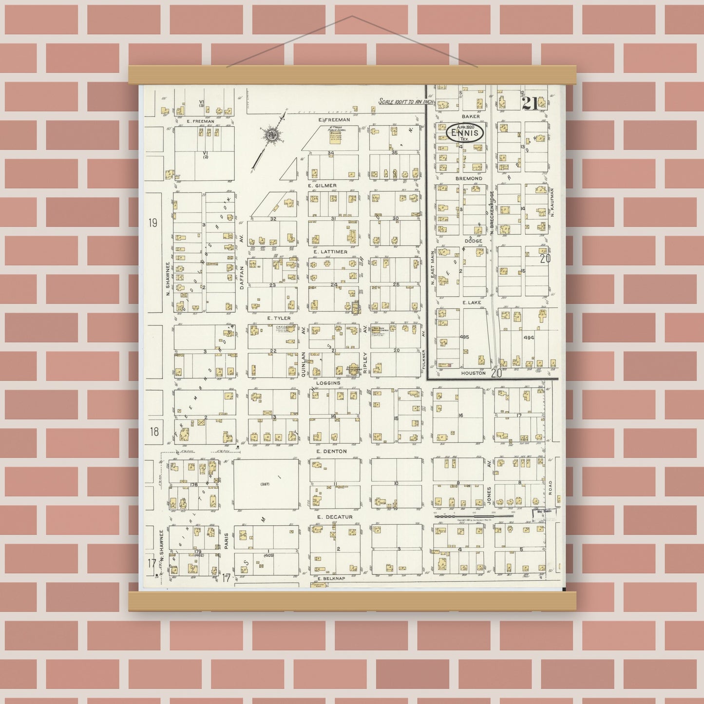 Old map wall art mockup — magnetic wood frame on brick wall — Sanborn Fire Insurance Map from Ennis, Ellis County, Texas (1920), Sheet #0021