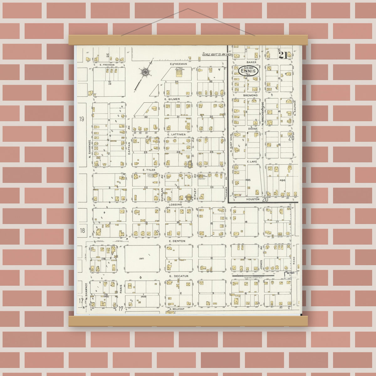 Old map wall art mockup — magnetic wood frame on brick wall — Sanborn Fire Insurance Map from Ennis, Ellis County, Texas (1920), Sheet #0021