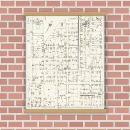 Old map wall art mockup — magnetic wood frame on brick wall — Sanborn Fire Insurance Map from Ennis, Ellis County, Texas (1920), Sheet #0021