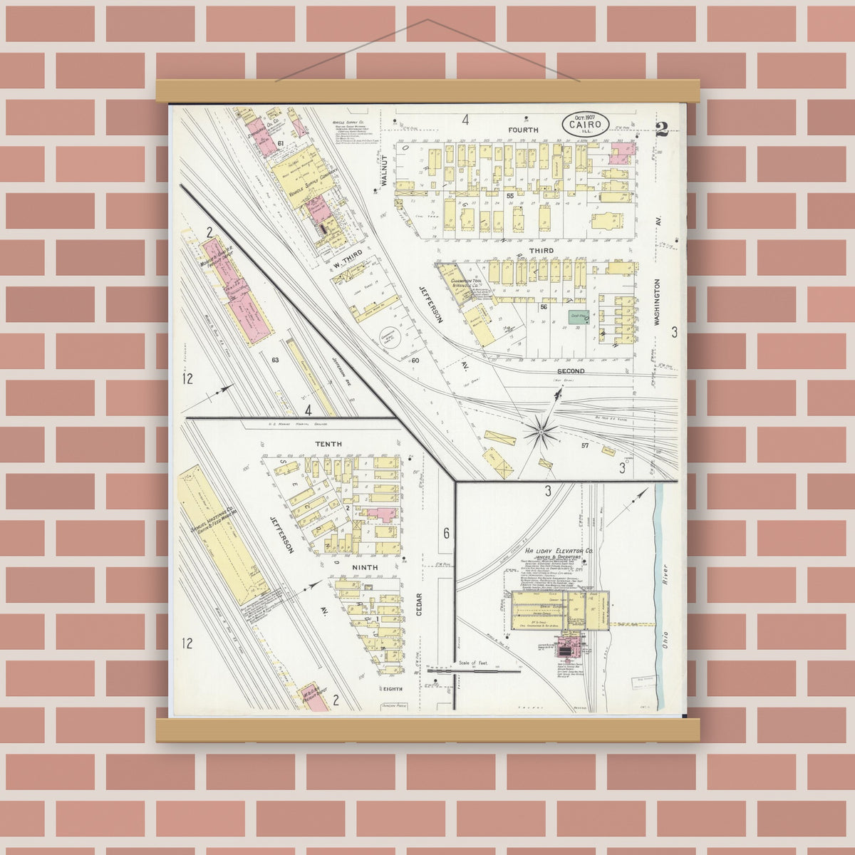 Old map wall art mockup — magnetic wood frame on brick wall — Sanborn Fire Insurance Map from Cairo, Alexander County, Illinois (1907), Sheet #0002