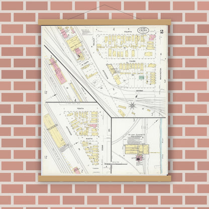 Old map wall art mockup — magnetic wood frame on brick wall — Sanborn Fire Insurance Map from Cairo, Alexander County, Illinois (1907), Sheet #0002