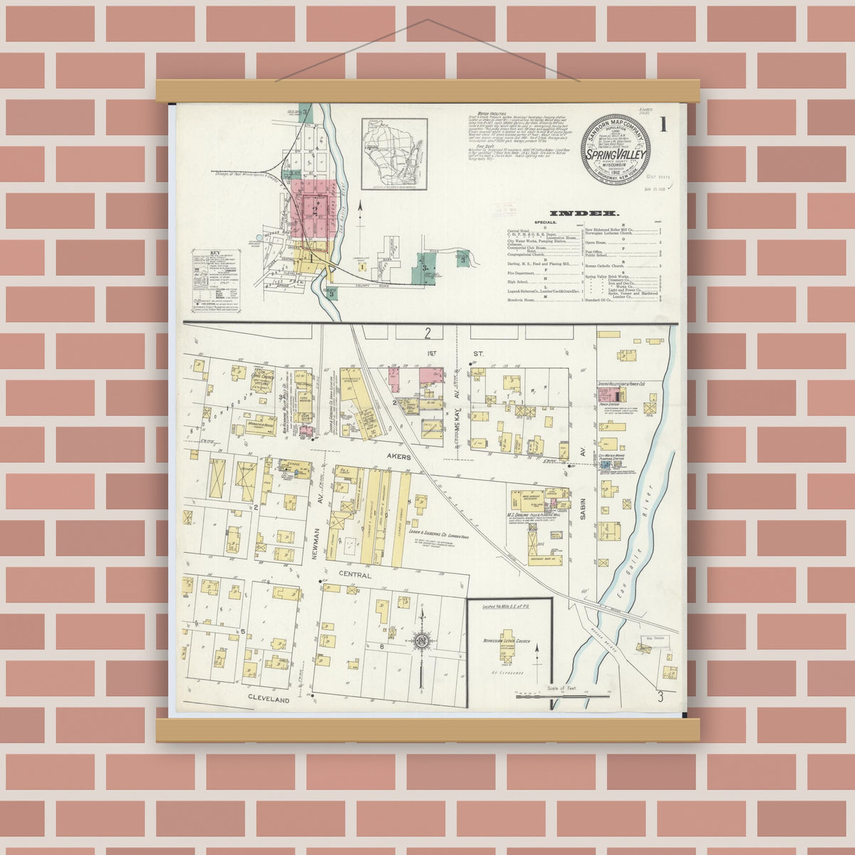 Old map wall art mockup — magnetic wood frame on brick wall — Sanborn Fire Insurance Map from Spring Valley, Pierce County, Wisconsin (1912) - Complete Map Set