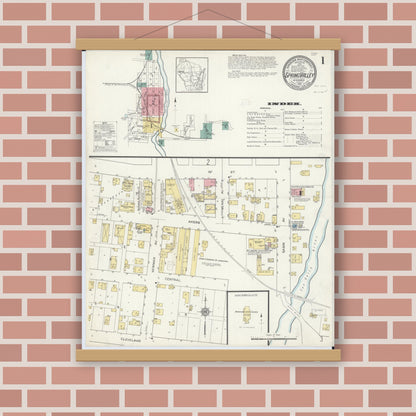 Old map wall art mockup — magnetic wood frame on brick wall — Sanborn Fire Insurance Map from Spring Valley, Pierce County, Wisconsin (1912) - Complete Map Set