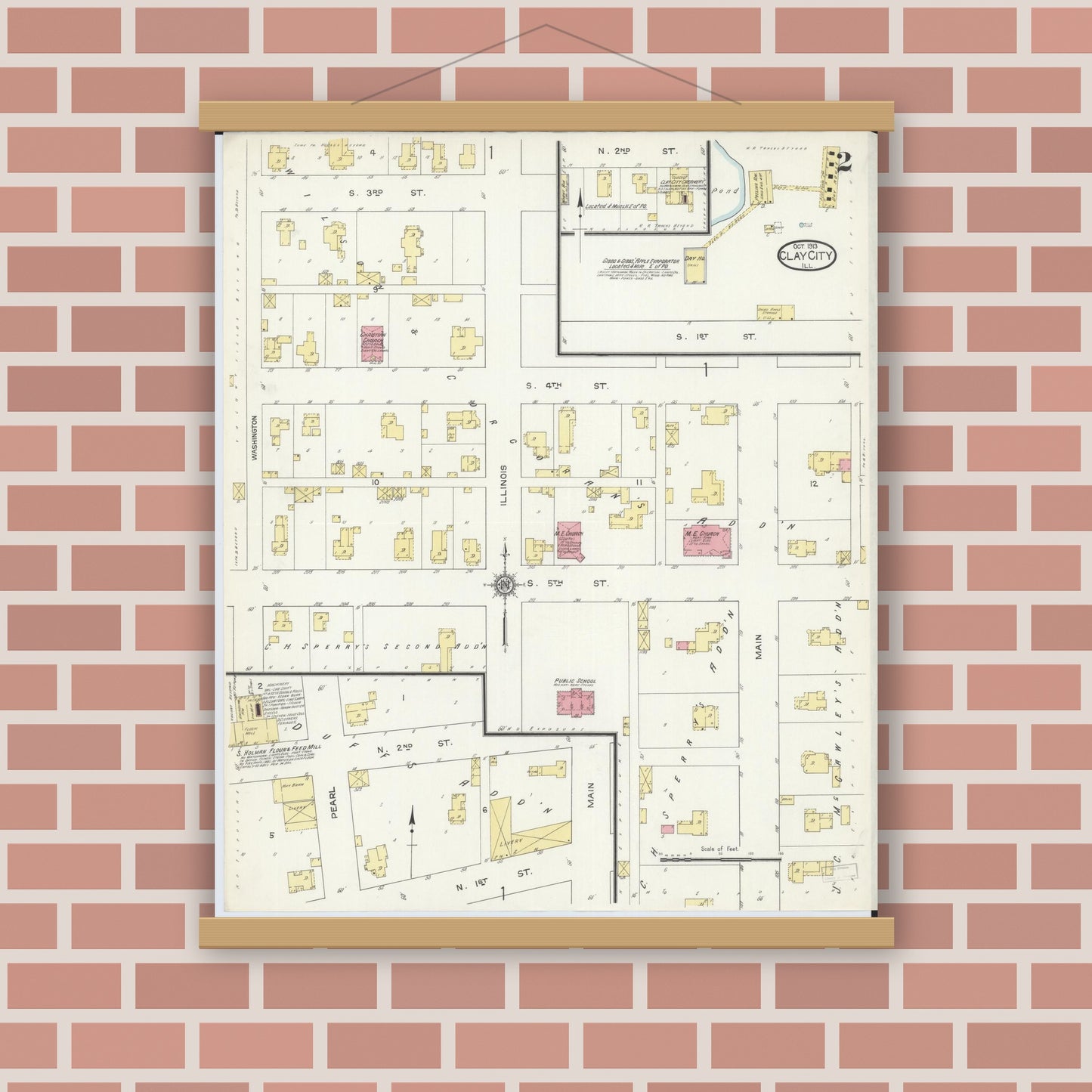 Old map wall art mockup — magnetic wood frame on brick wall — Sanborn Fire Insurance Map from Clay City, Clay County, Illinois (1913), Sheet #0002