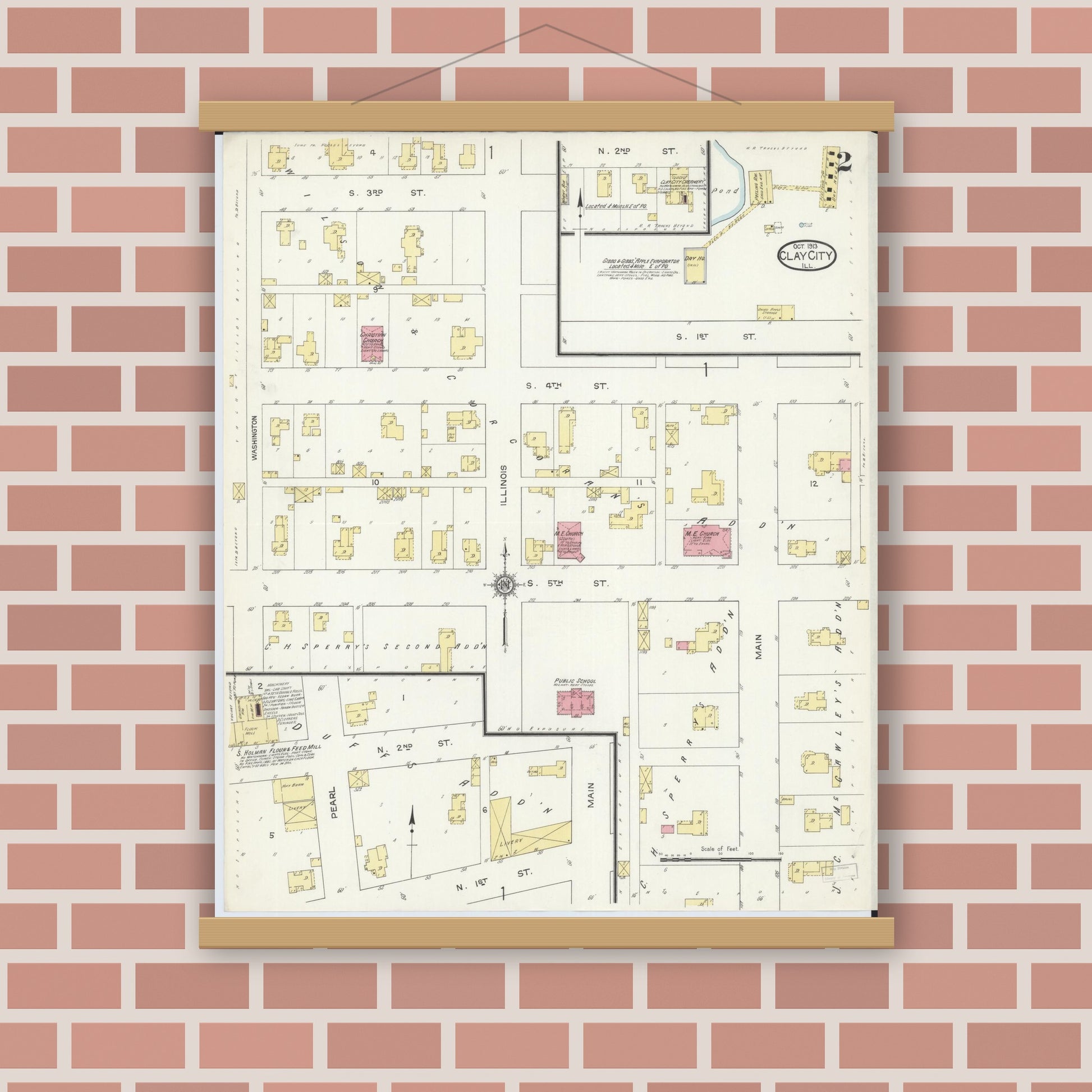 Old map wall art mockup — magnetic wood frame on brick wall — Sanborn Fire Insurance Map from Clay City, Clay County, Illinois (1913), Sheet #0002