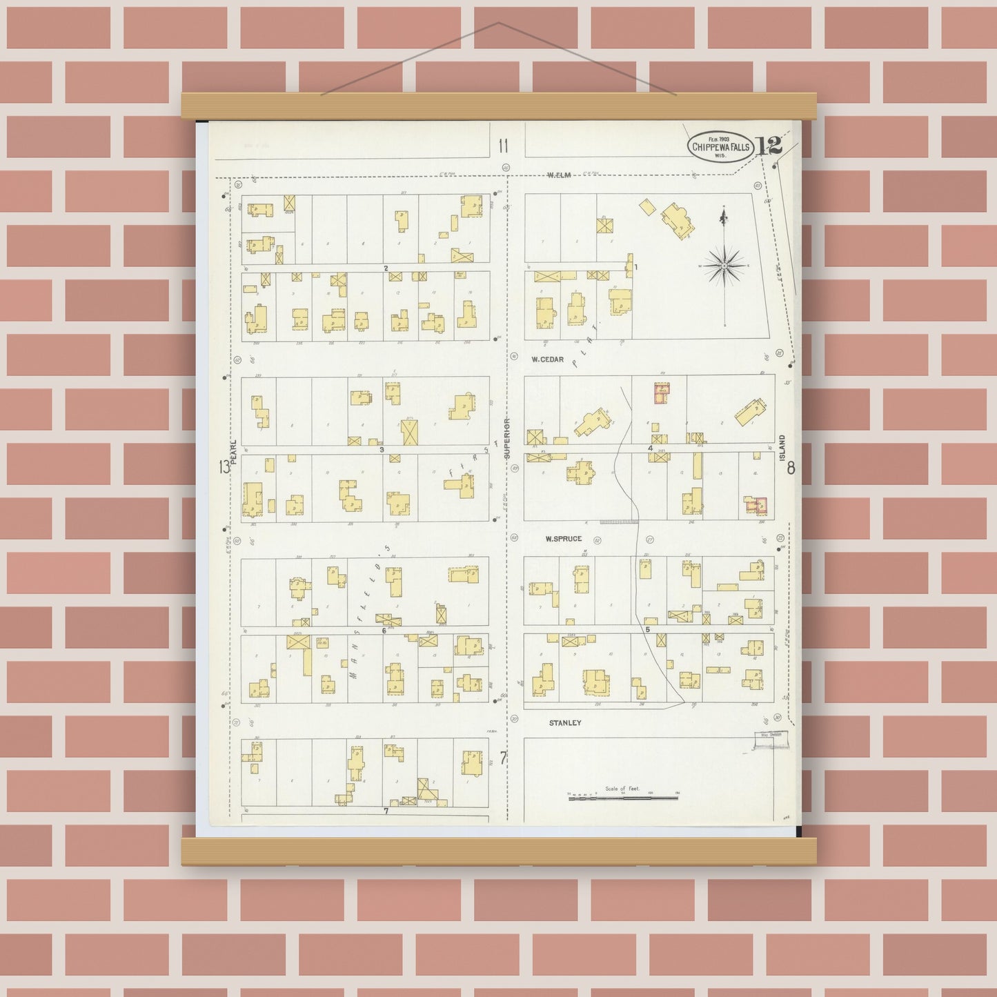 Old map wall art mockup — magnetic wood frame on brick wall — Sanborn Fire Insurance Map from Chippewa Falls, Chippewa County, Wisconsin (1903), Sheet #0012