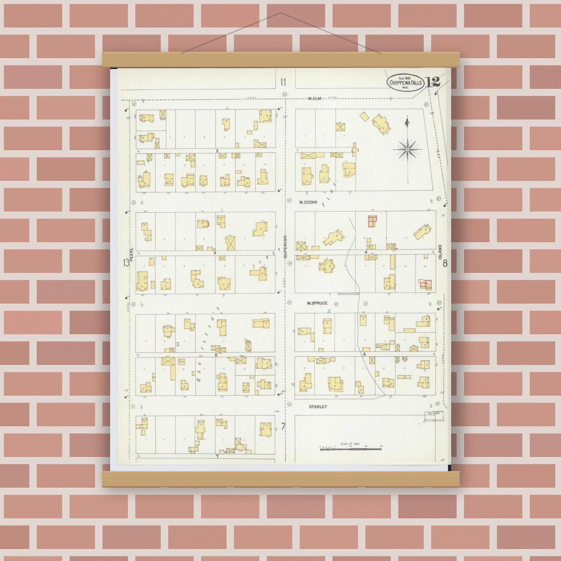 Old map wall art mockup — magnetic wood frame on brick wall — Sanborn Fire Insurance Map from Chippewa Falls, Chippewa County, Wisconsin (1903), Sheet #0012