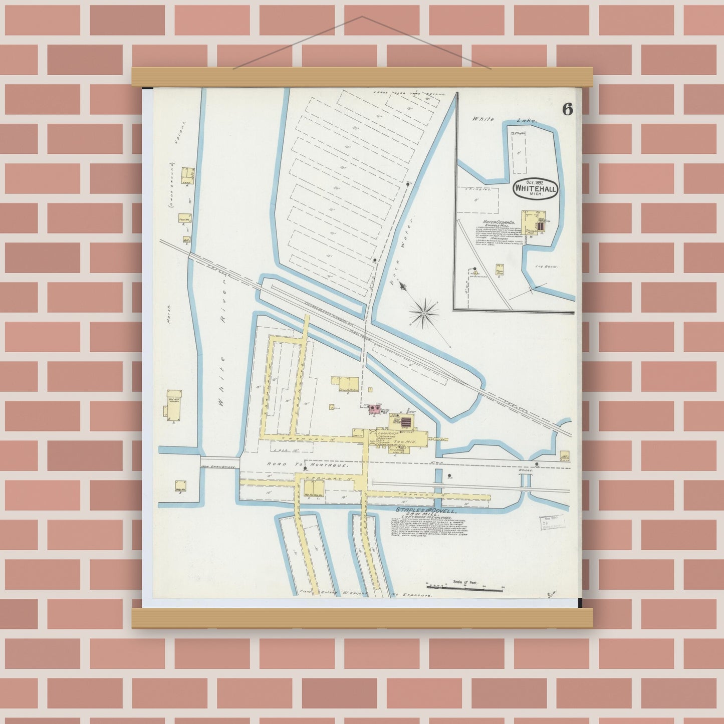 Old map wall art mockup — magnetic wood frame on brick wall — Sanborn Fire Insurance Map from Whitehall, Muskegon County, Michigan (1892), Sheet #0006