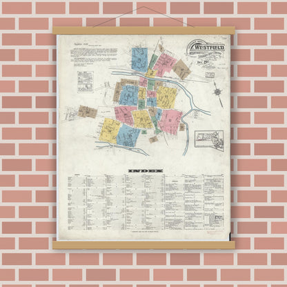 Old map wall art mockup — magnetic wood frame on brick wall — Sanborn Fire Insurance Map from Westfield, Hampden County, Massachusetts (1917), Sheet #0001