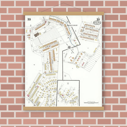 Old map wall art mockup — magnetic wood frame on brick wall — Sanborn Fire Insurance Map from Woodlawn, Beaver County, Pennsylvania (1923), Sheet #0010
