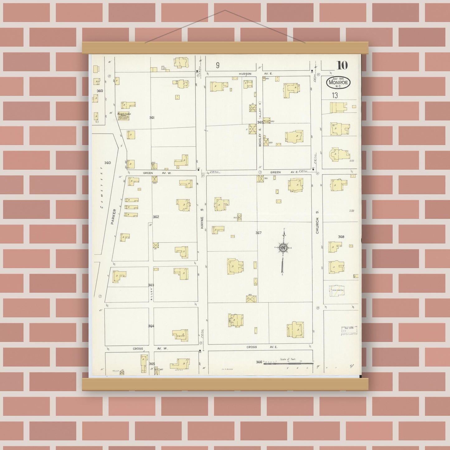 Old map wall art mockup — magnetic wood frame on brick wall — Sanborn Fire Insurance Map from Monroe, Union County, North Carolina (1914), Sheet #0010