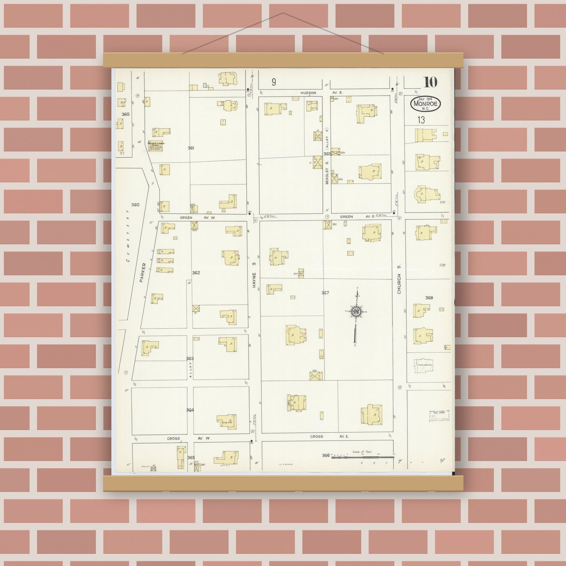 Old map wall art mockup — magnetic wood frame on brick wall — Sanborn Fire Insurance Map from Monroe, Union County, North Carolina (1914), Sheet #0010