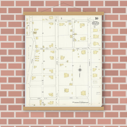 Old map wall art mockup — magnetic wood frame on brick wall — Sanborn Fire Insurance Map from Monroe, Union County, North Carolina (1914), Sheet #0010