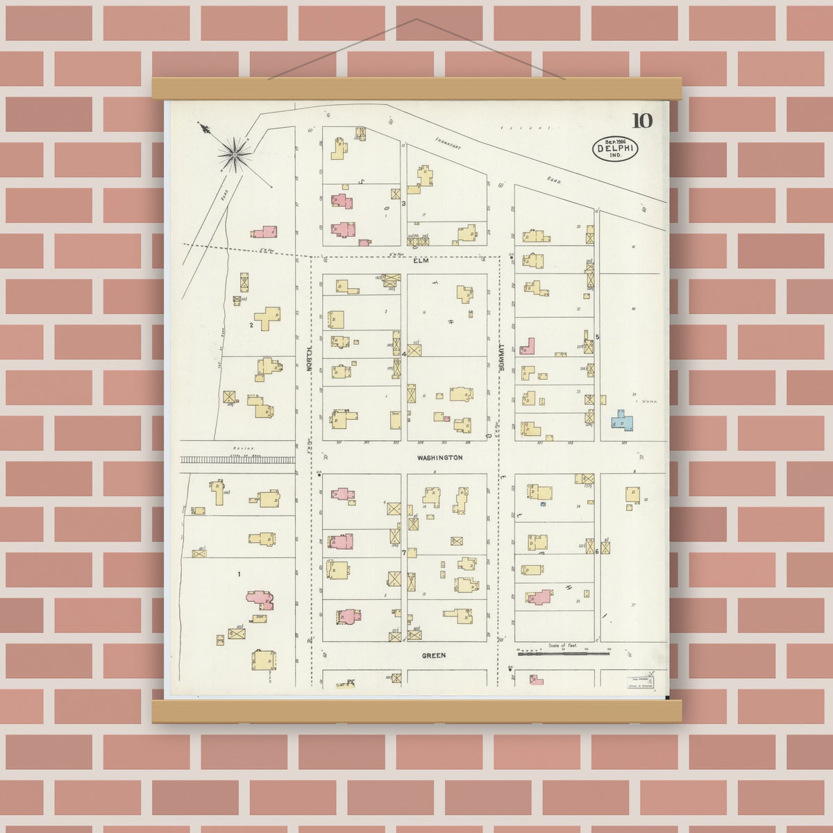 Old map wall art mockup — magnetic wood frame on brick wall — Sanborn Fire Insurance Map from Delphi, Carroll County, Indiana (1906), Sheet #0010
