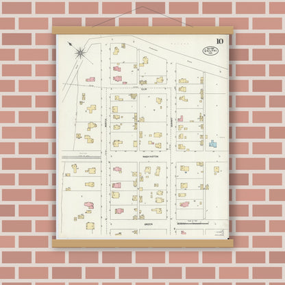 Old map wall art mockup — magnetic wood frame on brick wall — Sanborn Fire Insurance Map from Delphi, Carroll County, Indiana (1906), Sheet #0010