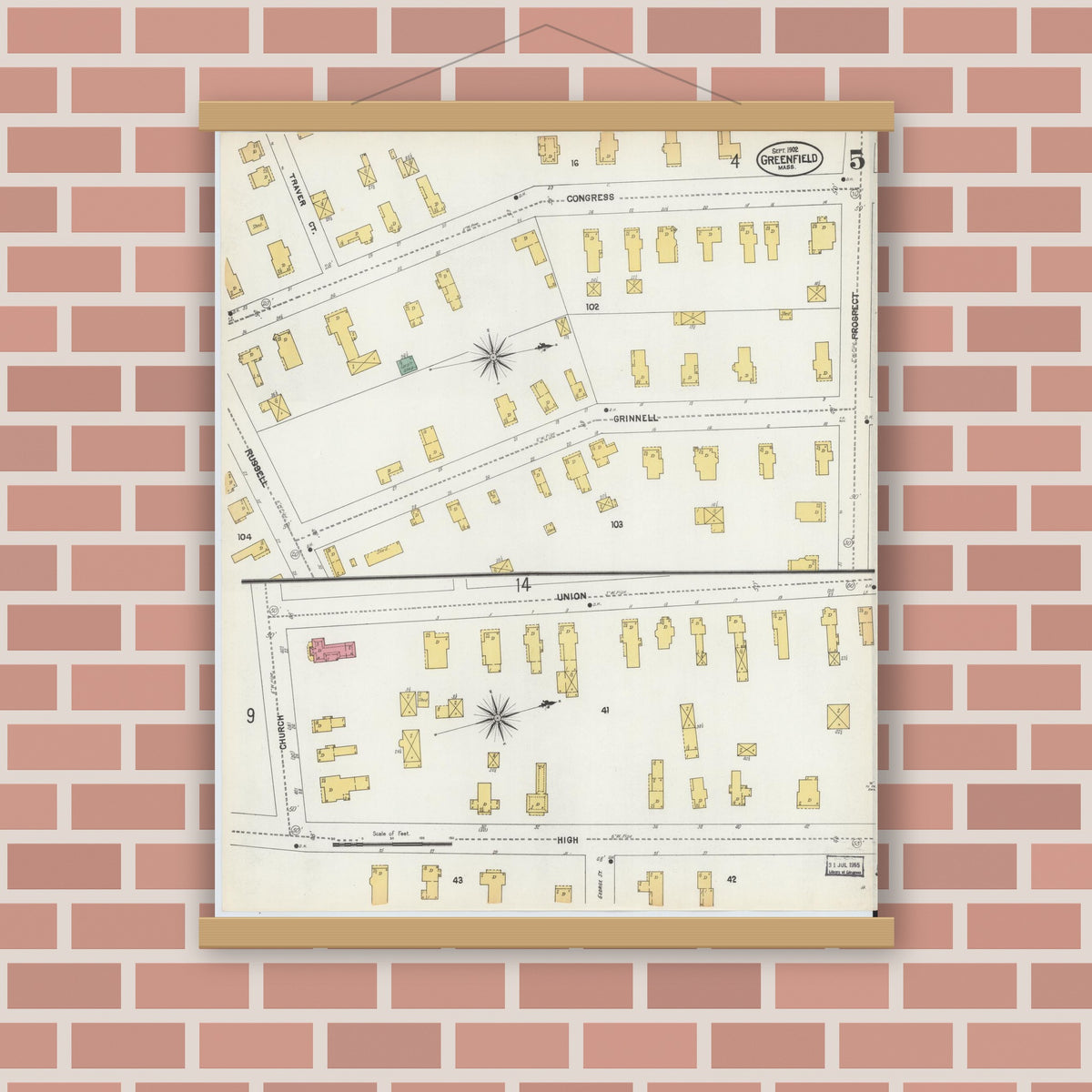 Old map wall art mockup — magnetic wood frame on brick wall — Sanborn Fire Insurance Map from Greenfield, Franklin County, Massachusetts (1902), Sheet #0005