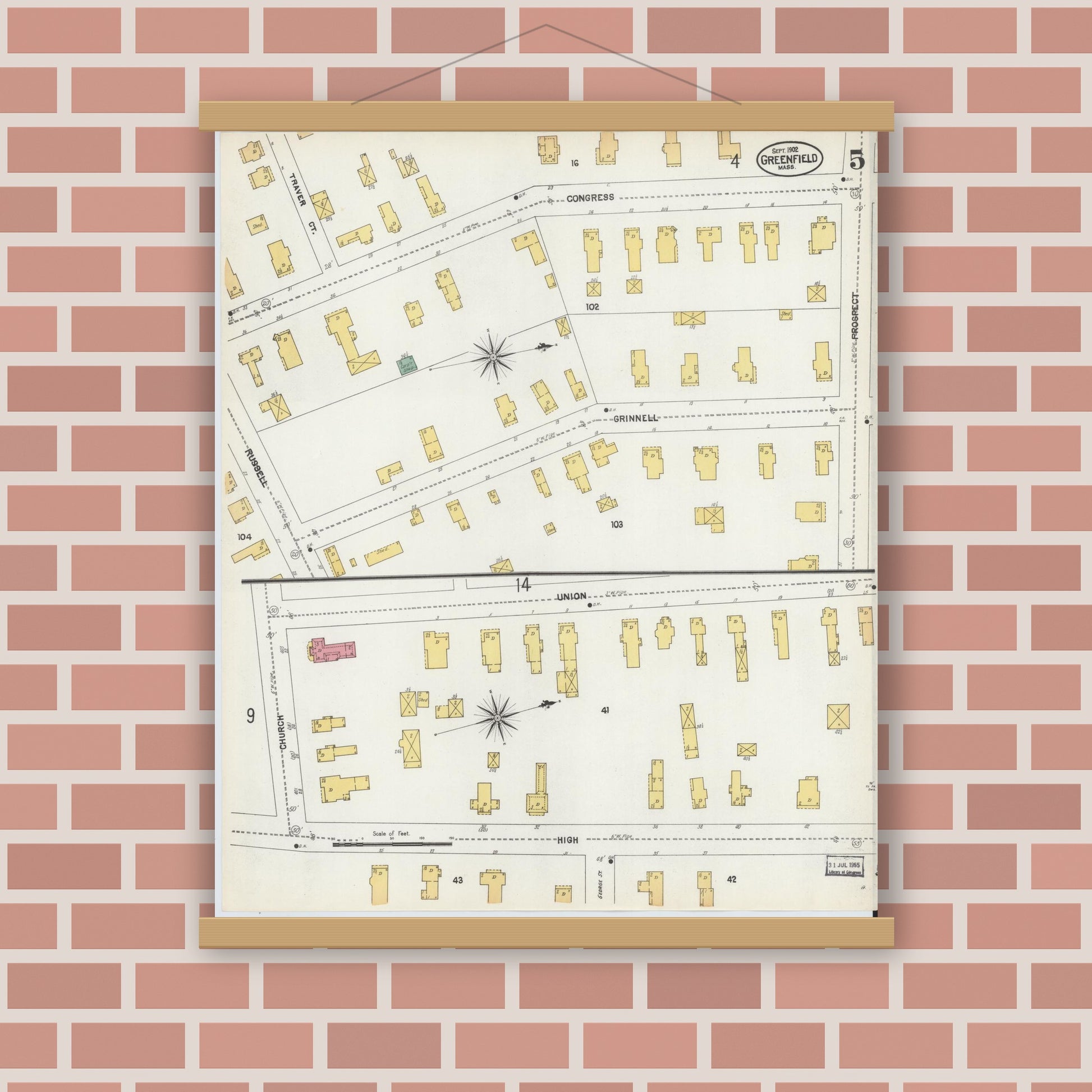 Old map wall art mockup — magnetic wood frame on brick wall — Sanborn Fire Insurance Map from Greenfield, Franklin County, Massachusetts (1902), Sheet #0005