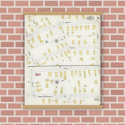 Old map wall art mockup — magnetic wood frame on brick wall — Sanborn Fire Insurance Map from Greenfield, Franklin County, Massachusetts (1902), Sheet #0005