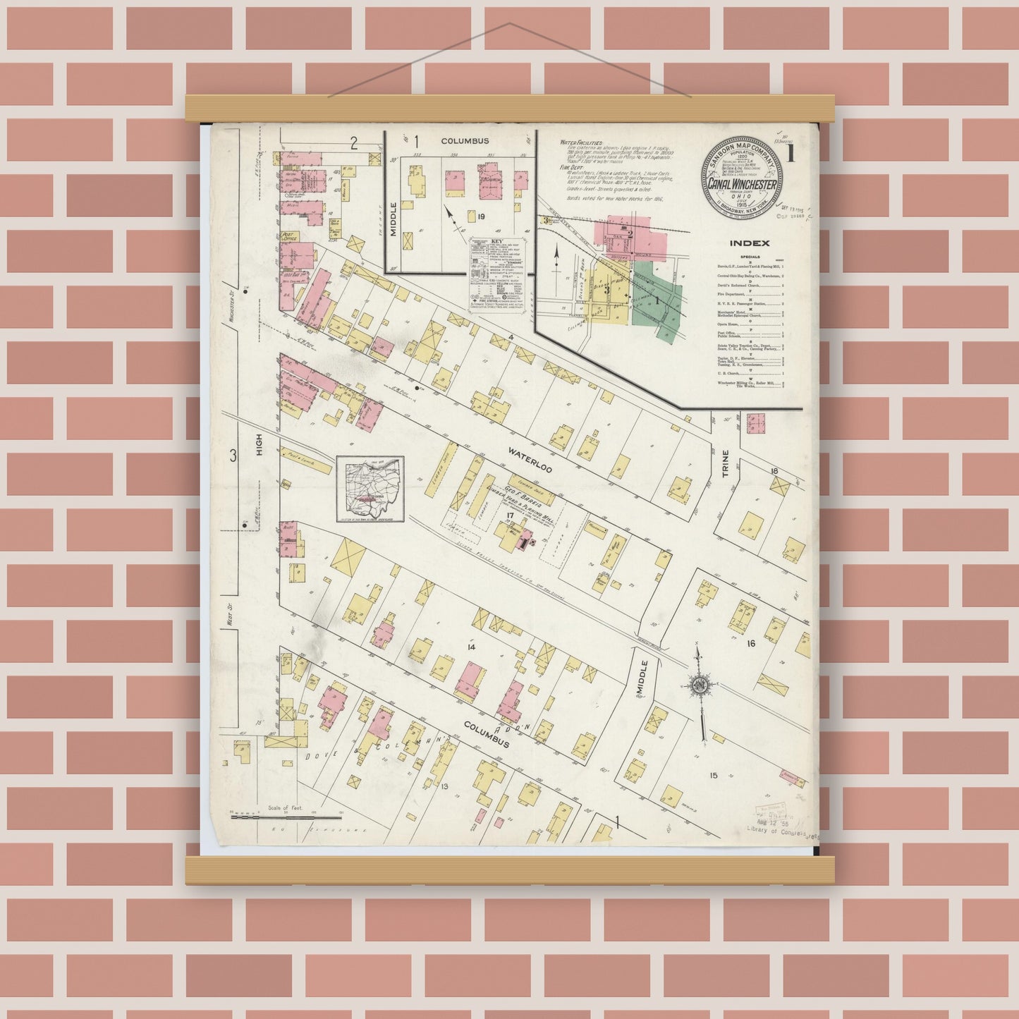 Old map wall art mockup — magnetic wood frame on brick wall — Sanborn Fire Insurance Map from Canal Winchester, Franklin County, Ohio (1915), Sheet #0001