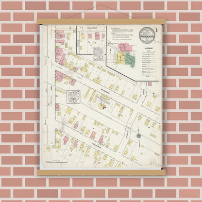 Old map wall art mockup — magnetic wood frame on brick wall — Sanborn Fire Insurance Map from Canal Winchester, Franklin County, Ohio (1915), Sheet #0001
