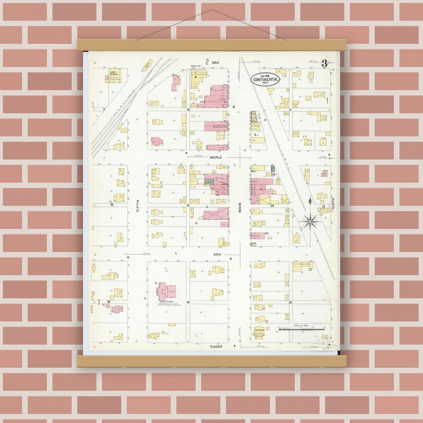 Old map wall art mockup — magnetic wood frame on brick wall — Sanborn Fire Insurance Map from Continental, Putnam County, Ohio (1908), Sheet #0003