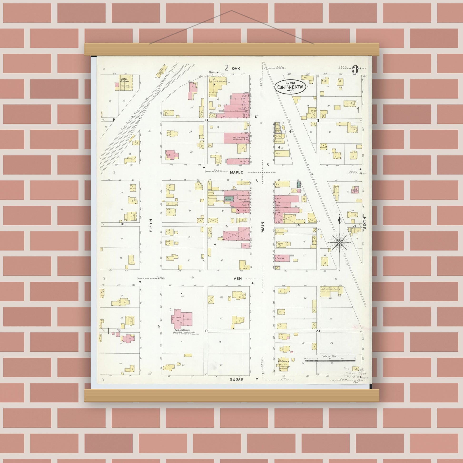 Old map wall art mockup — magnetic wood frame on brick wall — Sanborn Fire Insurance Map from Continental, Putnam County, Ohio (1908), Sheet #0003