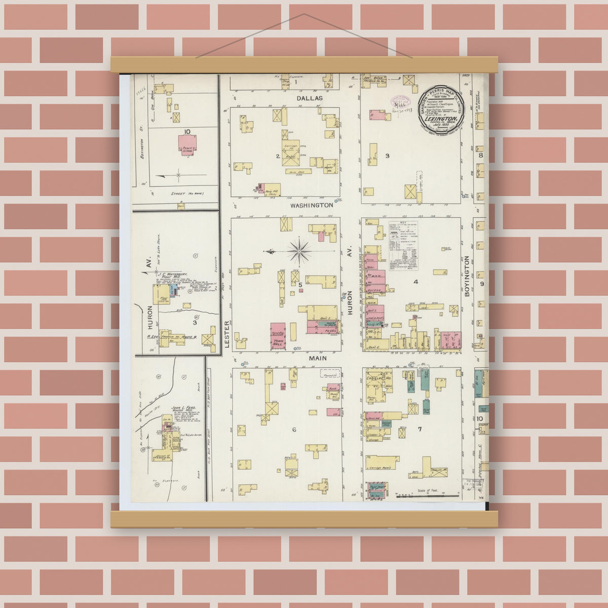 Old map wall art mockup — magnetic wood frame on brick wall — Sanborn Fire Insurance Map from Lexington, Sanilac County, Michigan (1893), Sheet #0001