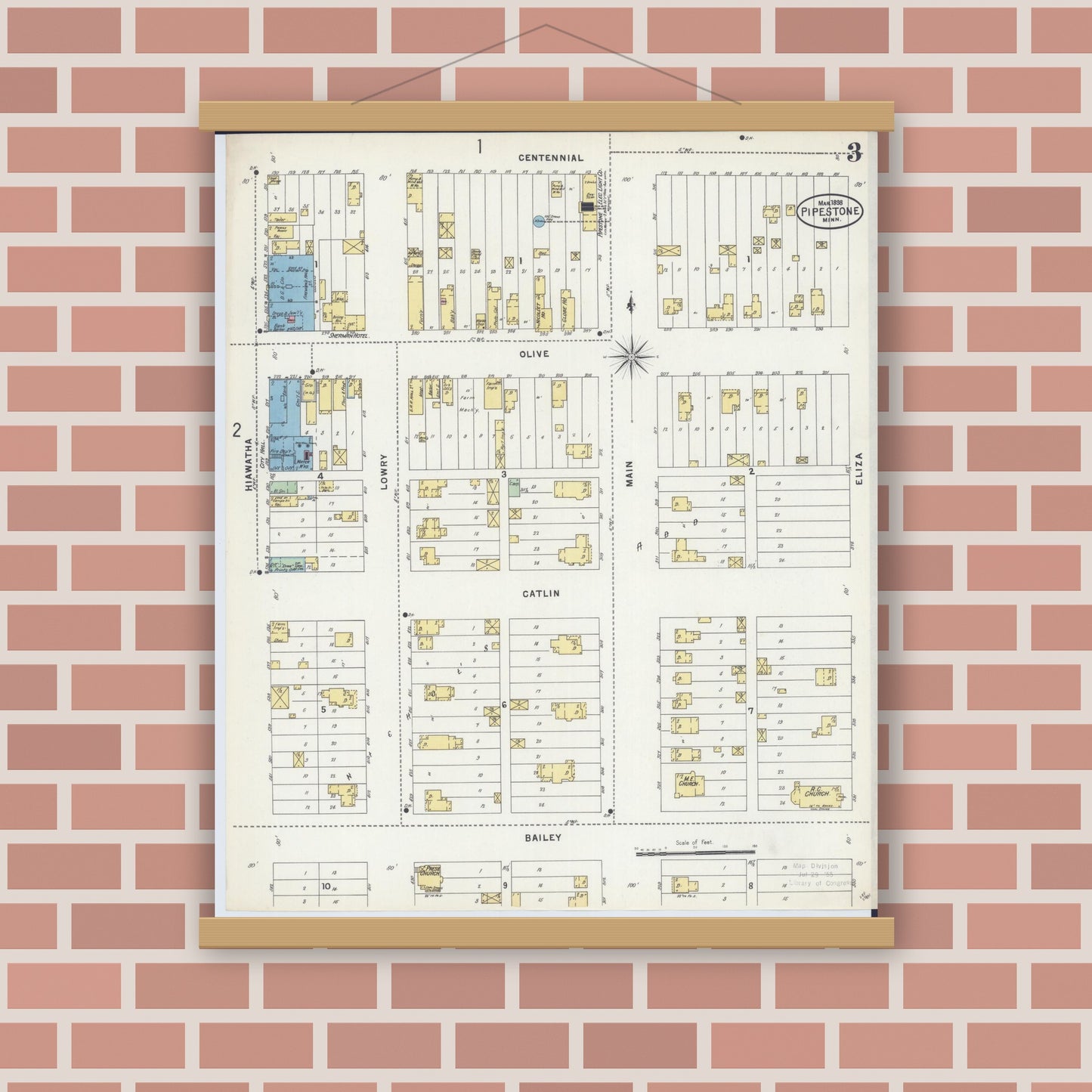 Old map wall art mockup — magnetic wood frame on brick wall — Sanborn Fire Insurance Map from Pipestone, Pipestone County, Minnesota (1898), Sheet #0003