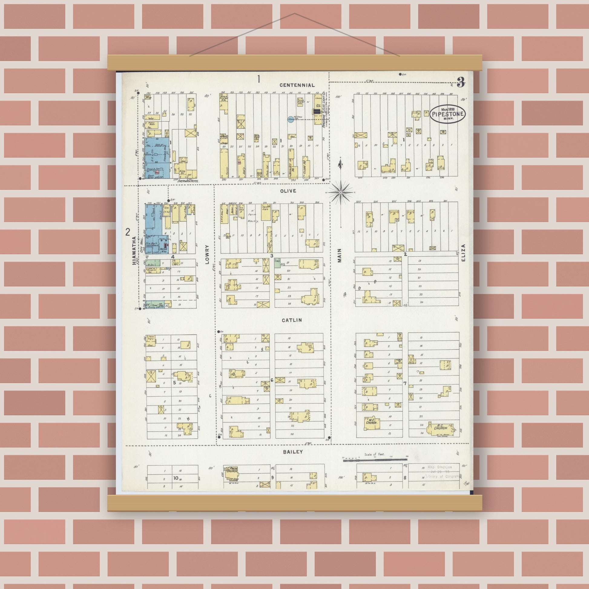 Old map wall art mockup — magnetic wood frame on brick wall — Sanborn Fire Insurance Map from Pipestone, Pipestone County, Minnesota (1898), Sheet #0003