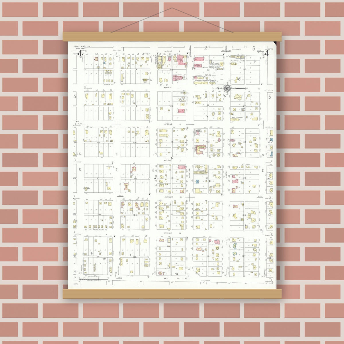 Old map wall art mockup — magnetic wood frame on brick wall — Sanborn Fire Insurance Map from Levelland, Hockley County, Texas (1942), Sheet #0004