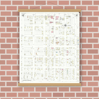 Old map wall art mockup — magnetic wood frame on brick wall — Sanborn Fire Insurance Map from Levelland, Hockley County, Texas (1942), Sheet #0004
