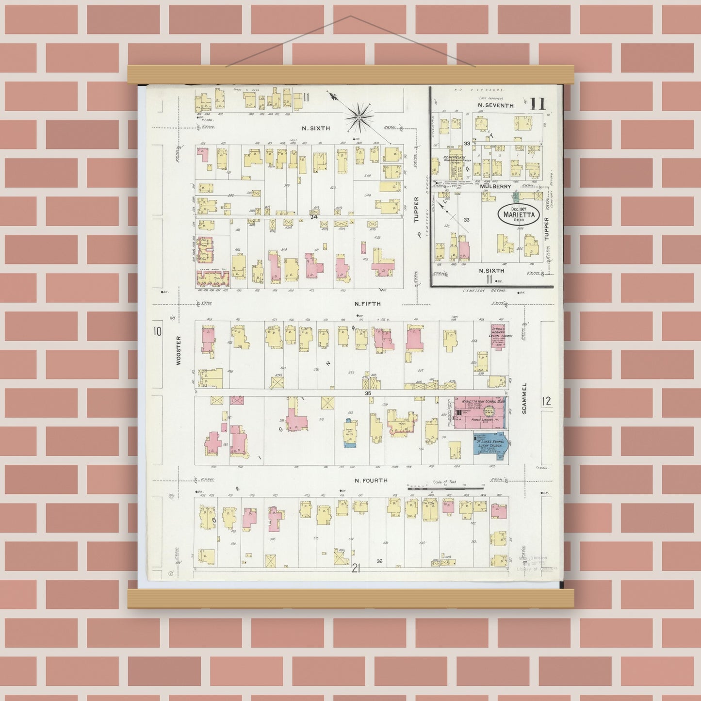 Old map wall art mockup — magnetic wood frame on brick wall — Sanborn Fire Insurance Map from Marietta, Washington County, Ohio (1907), Sheet #0011