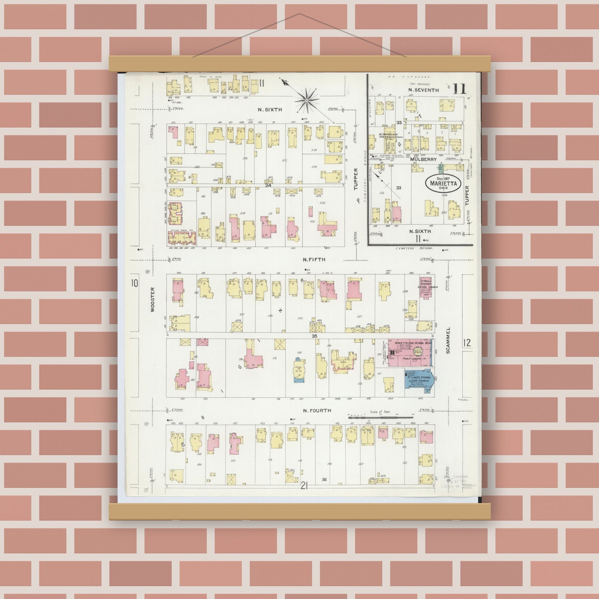 Old map wall art mockup — magnetic wood frame on brick wall — Sanborn Fire Insurance Map from Marietta, Washington County, Ohio (1907), Sheet #0011