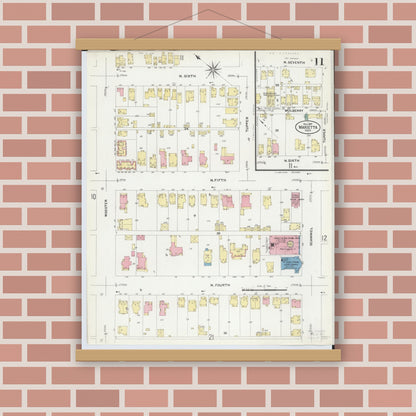 Old map wall art mockup — magnetic wood frame on brick wall — Sanborn Fire Insurance Map from Marietta, Washington County, Ohio (1907), Sheet #0011