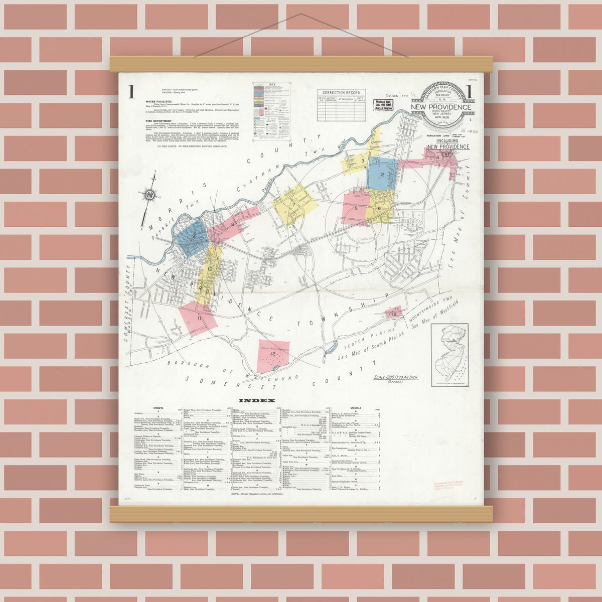 Old map wall art mockup — magnetic wood frame on brick wall — Sanborn Fire Insurance Map from New Providence, Union County, New Jersey (1938) - Complete Map Set