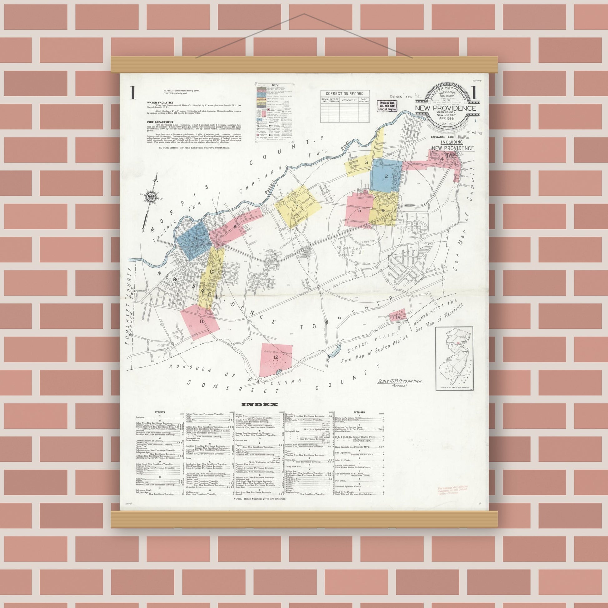 Old map wall art mockup — magnetic wood frame on brick wall — Sanborn Fire Insurance Map from New Providence, Union County, New Jersey (1938) - Complete Map Set