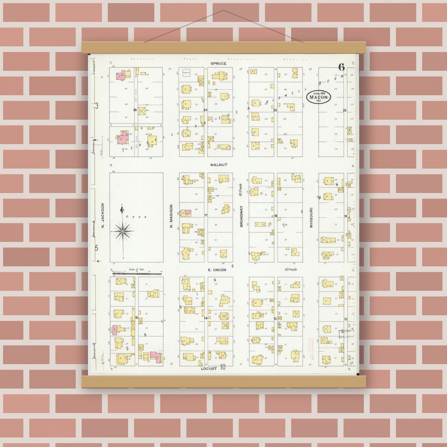 Old map wall art mockup — magnetic wood frame on brick wall — Sanborn Fire Insurance Map from Macon, Macon County, Missouri (1909), Sheet #0006