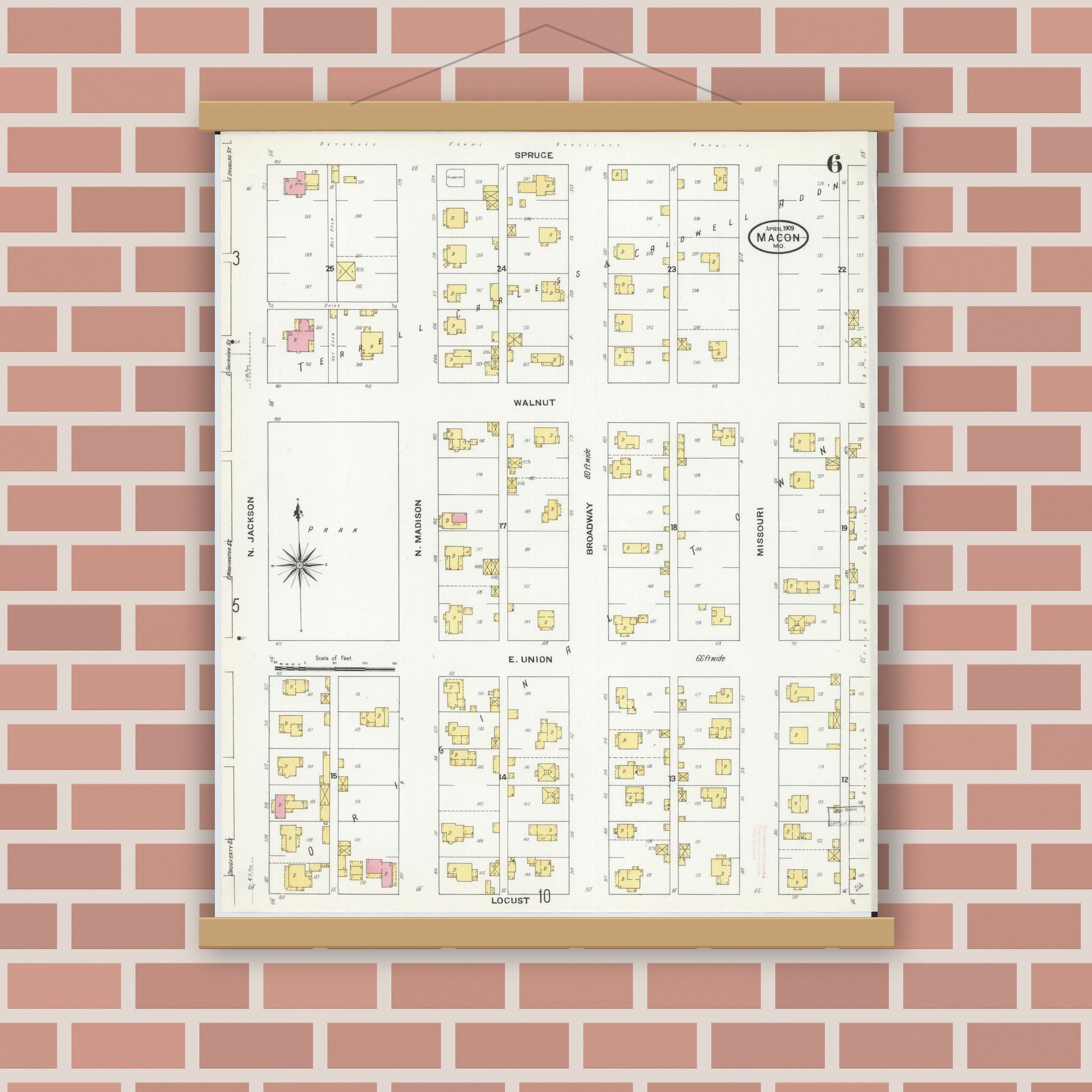 Old map wall art mockup — magnetic wood frame on brick wall — Sanborn Fire Insurance Map from Macon, Macon County, Missouri (1909), Sheet #0006