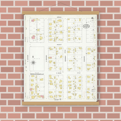 Old map wall art mockup — magnetic wood frame on brick wall — Sanborn Fire Insurance Map from Macon, Macon County, Missouri (1909), Sheet #0006
