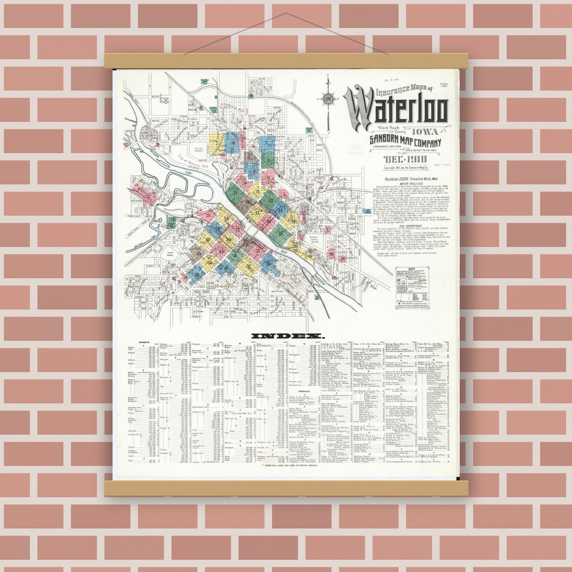 Old map wall art mockup — magnetic wood frame on brick wall — Sanborn Fire Insurance Map from Waterloo, Black Hawk County, Iowa (1910), Sheet #0001