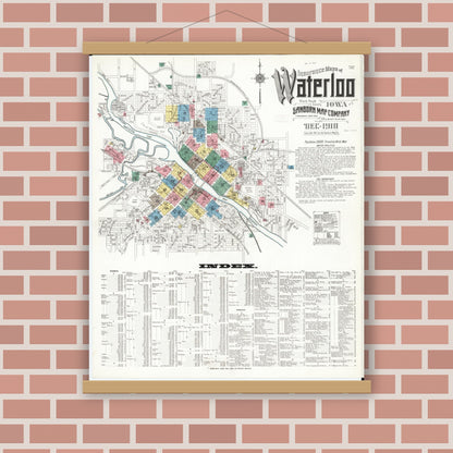 Old map wall art mockup — magnetic wood frame on brick wall — Sanborn Fire Insurance Map from Waterloo, Black Hawk County, Iowa (1910), Sheet #0001