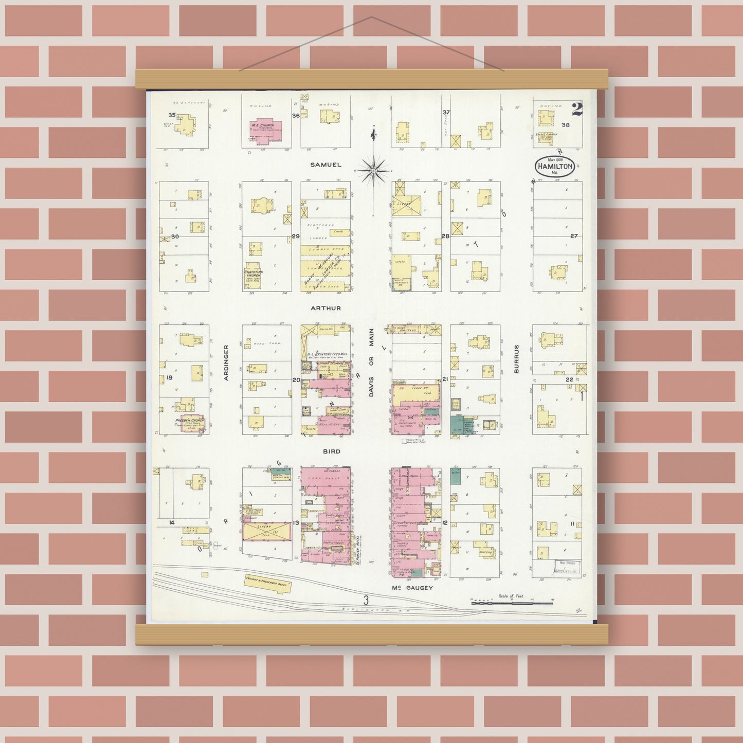 Old map wall art mockup — magnetic wood frame on brick wall — Sanborn Fire Insurance Map from Hamilton, Caldwell County, Missouri (1909), Sheet #0002