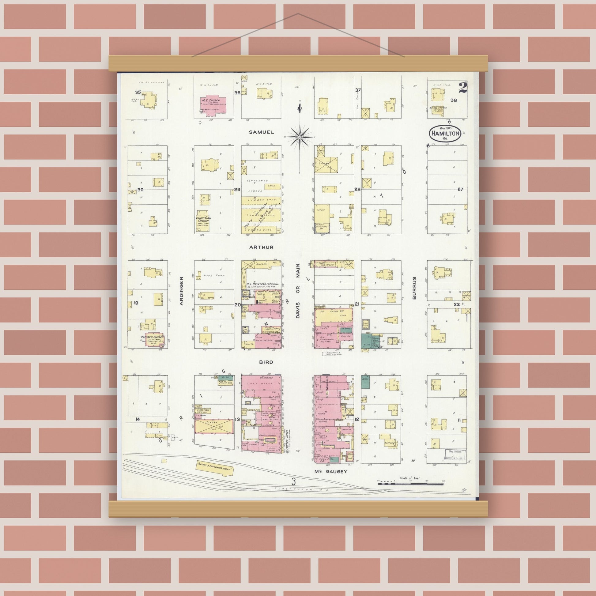 Old map wall art mockup — magnetic wood frame on brick wall — Sanborn Fire Insurance Map from Hamilton, Caldwell County, Missouri (1909), Sheet #0002